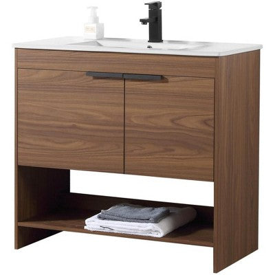 36\" Bathroom Vanity in Walnut with White Ceramic Sink