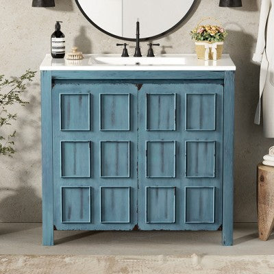 36\" Freestanding Single-Sink Bathroom Vanity, Blue with White Resin Top