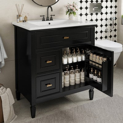 30\" Bathroom Vanity with Sink, Flip Drawer + Two Drawers, Black