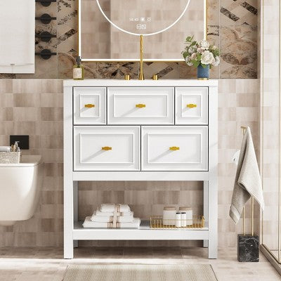 30\" Bathroom Vanity with Ceramic Sink and 5 Drawers, White
