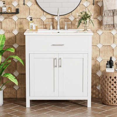 30\" Freestanding Bathroom Vanity with Ceramic Sink, White (18.3\" x 29.9\" x 33.86\")