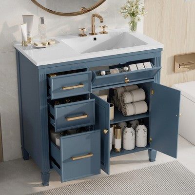 36\" Modern Freestanding Bathroom Vanity with Ceramic Sink, Drawers & Adjustable Shelf, Blue