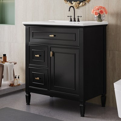 30\" Bathroom Vanity with Sink, Flip Drawer + Two Drawers, Black
