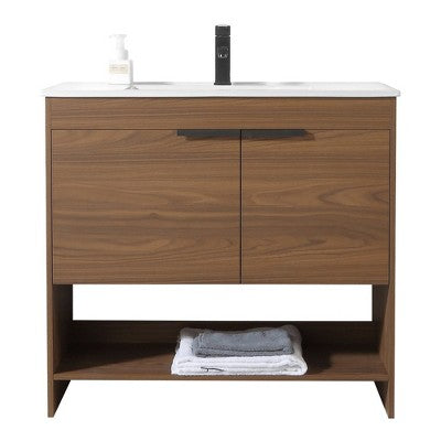 36\" Bathroom Vanity in Walnut with White Ceramic Sink