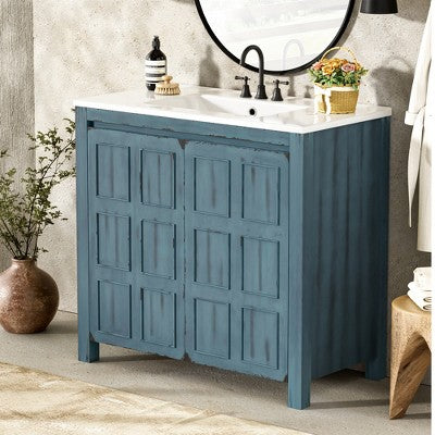 36\" Freestanding Single-Sink Bathroom Vanity, Blue with White Resin Top