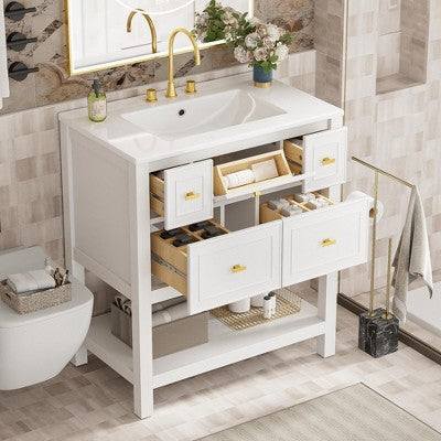 30\" Bathroom Vanity with Ceramic Sink and 5 Drawers, White