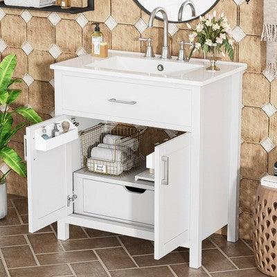 30\" Freestanding Bathroom Vanity with Ceramic Sink, White (18.3\" x 29.9\" x 33.86\")