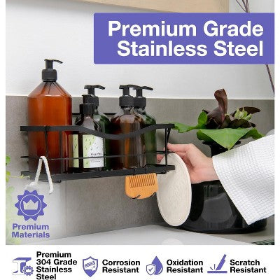 No-Drill Self-Adhesive Stainless Steel Shower Caddy Set, Matte Black (2-Pack)