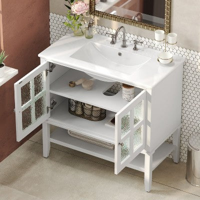 36\" Modern Bathroom Vanity with Ceramic Sink, Frosted Glass Doors & Shelves, White