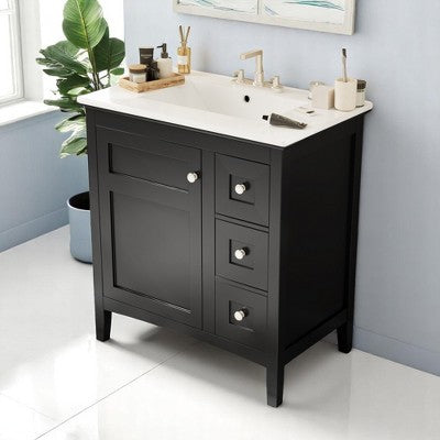 30\" Freestanding Bathroom Vanity with Ceramic Sink, Solid Wood Frame, Black