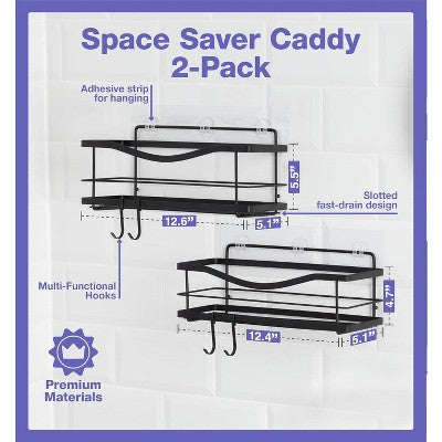 No-Drill Self-Adhesive Stainless Steel Shower Caddy Set, Matte Black (2-Pack)