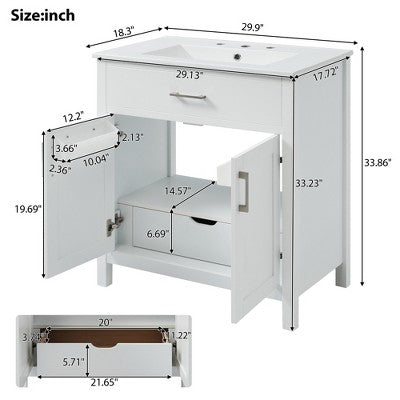 30\" Freestanding Bathroom Vanity with Ceramic Sink, White (18.3\" x 29.9\" x 33.86\")