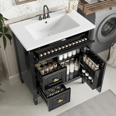 30\" Bathroom Vanity with Sink, Flip Drawer + Two Drawers, Black
