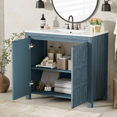 36\" Freestanding Single-Sink Bathroom Vanity, Blue with White Resin Top