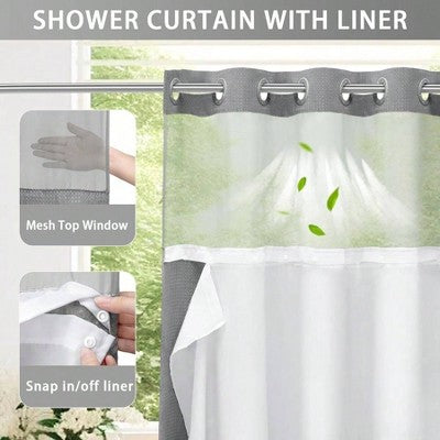 No-Hook Waffle Shower Curtain with Snap-In Liner, Gray