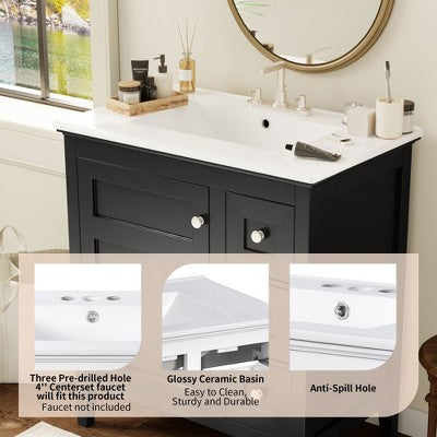 30\" Freestanding Bathroom Vanity with Ceramic Sink, Solid Wood Frame, Black