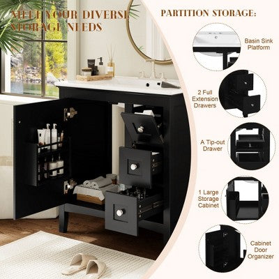 30\" Freestanding Bathroom Vanity with Ceramic Sink, Solid Wood Frame, Black