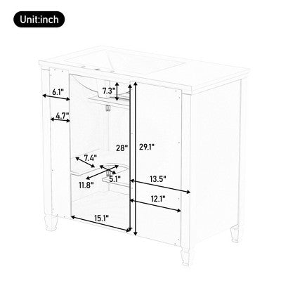 36\" Modern Freestanding Bathroom Vanity with Ceramic Sink, Drawers & Adjustable Shelf, Blue
