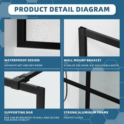 Walk-In Shower Glass Panel, Doorless Framed Screen (34\")