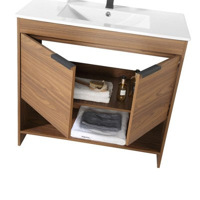 36\" Bathroom Vanity in Walnut with White Ceramic Sink